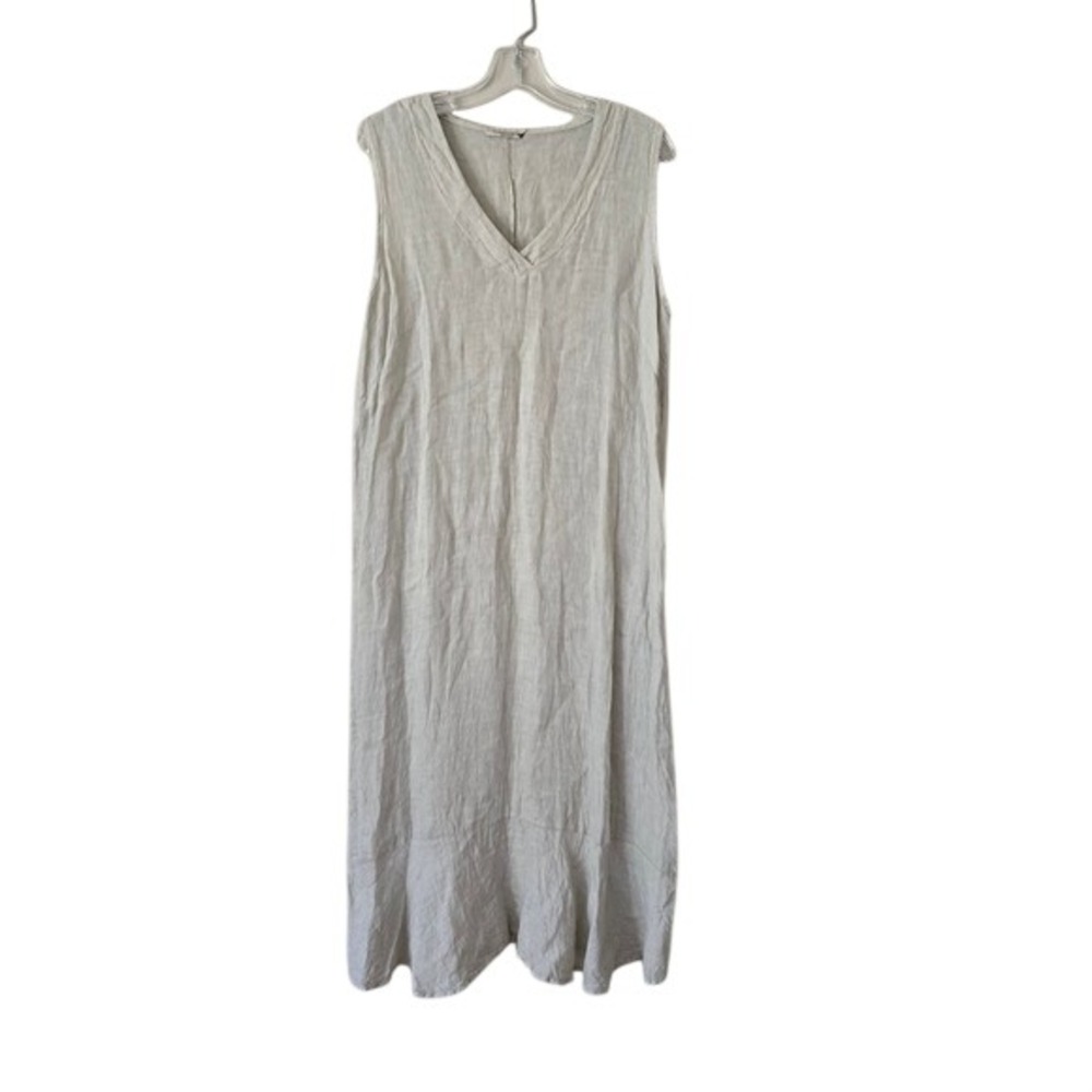 Francesca Bettini Organic Linen Sleeveless Flounce Hem Midi Dress Beige green L